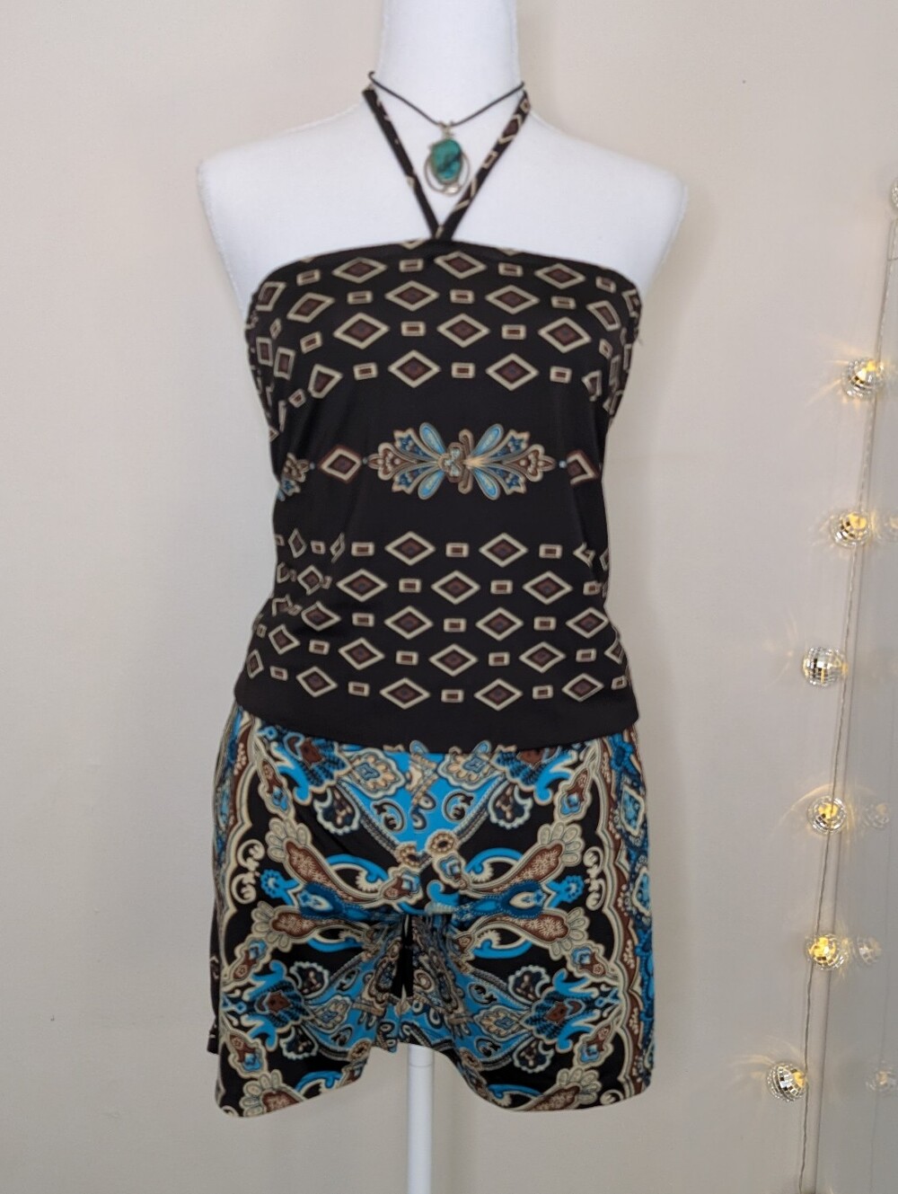 Black & Turquoise Patterned Strapless Romper - Boho Tuscan